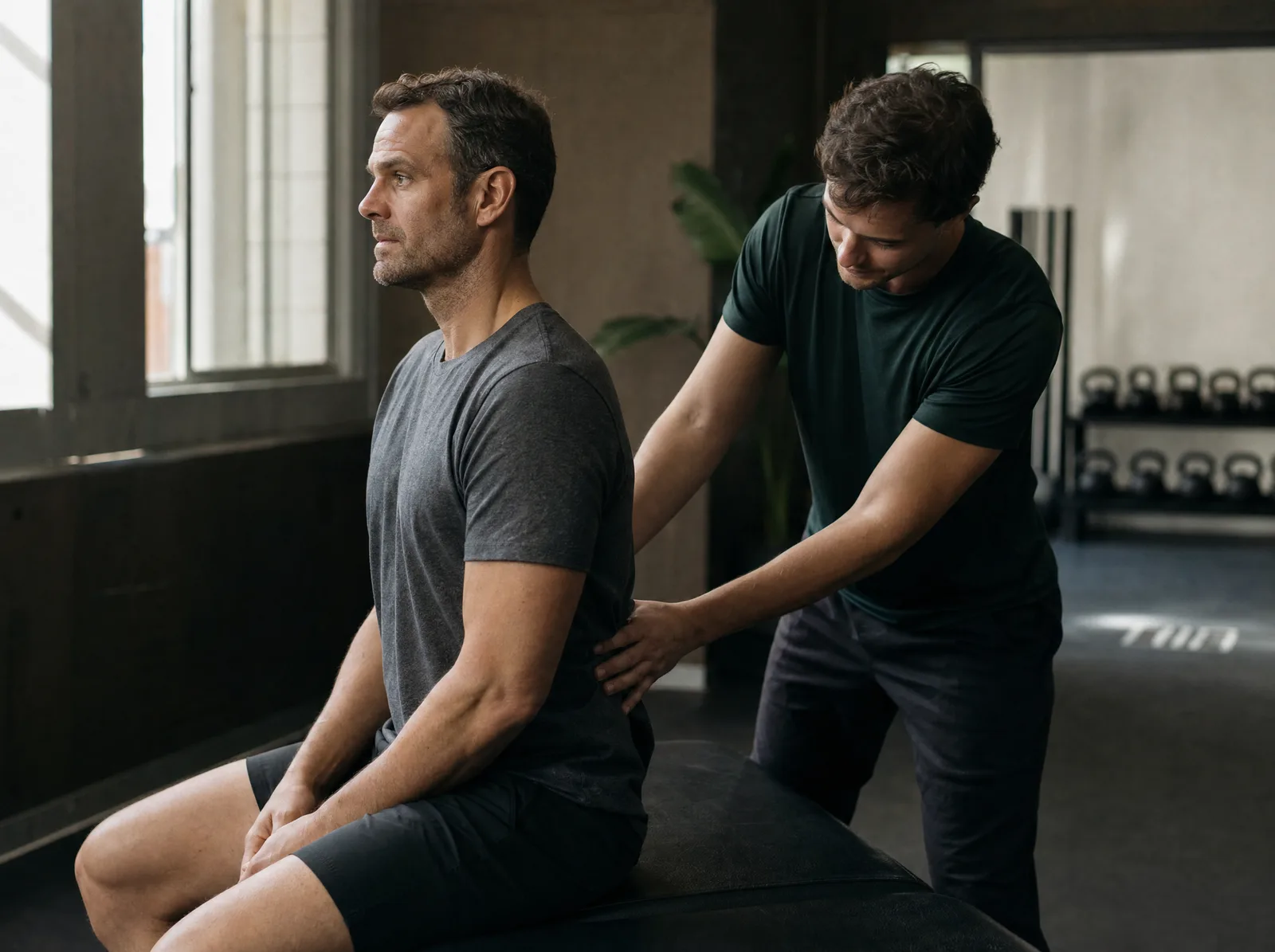 Physical therapist assessing a patient's lower back